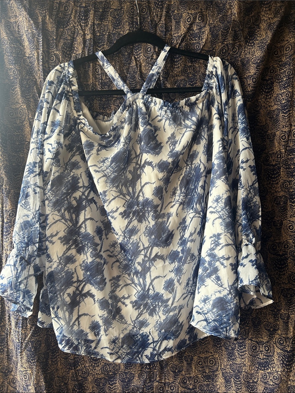 INC International Concepts Blue and Cream Floral Cold-Shoulder Blouse
